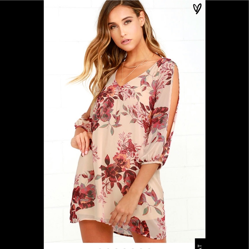 LULUS SHIFTING DEARS BEIGE FLORAL PRINT DRESS